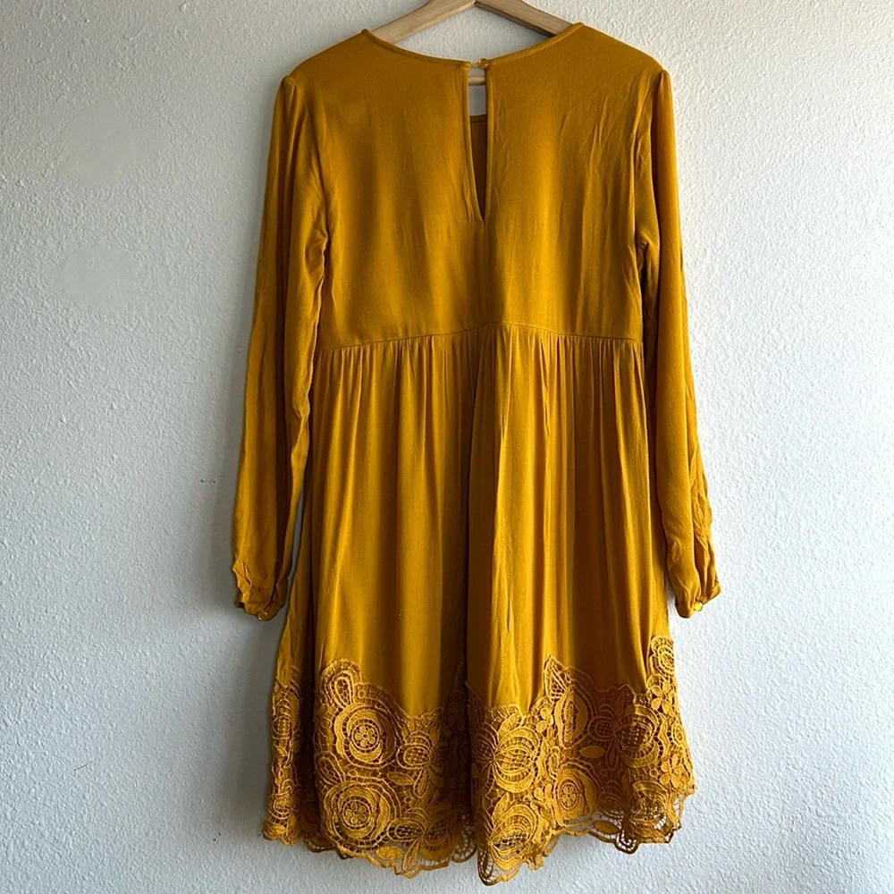 Anthropologie Maeve Mustard Yellow Long Sleeve Lace Detail Dress Sz. S - Picture 6 of 7